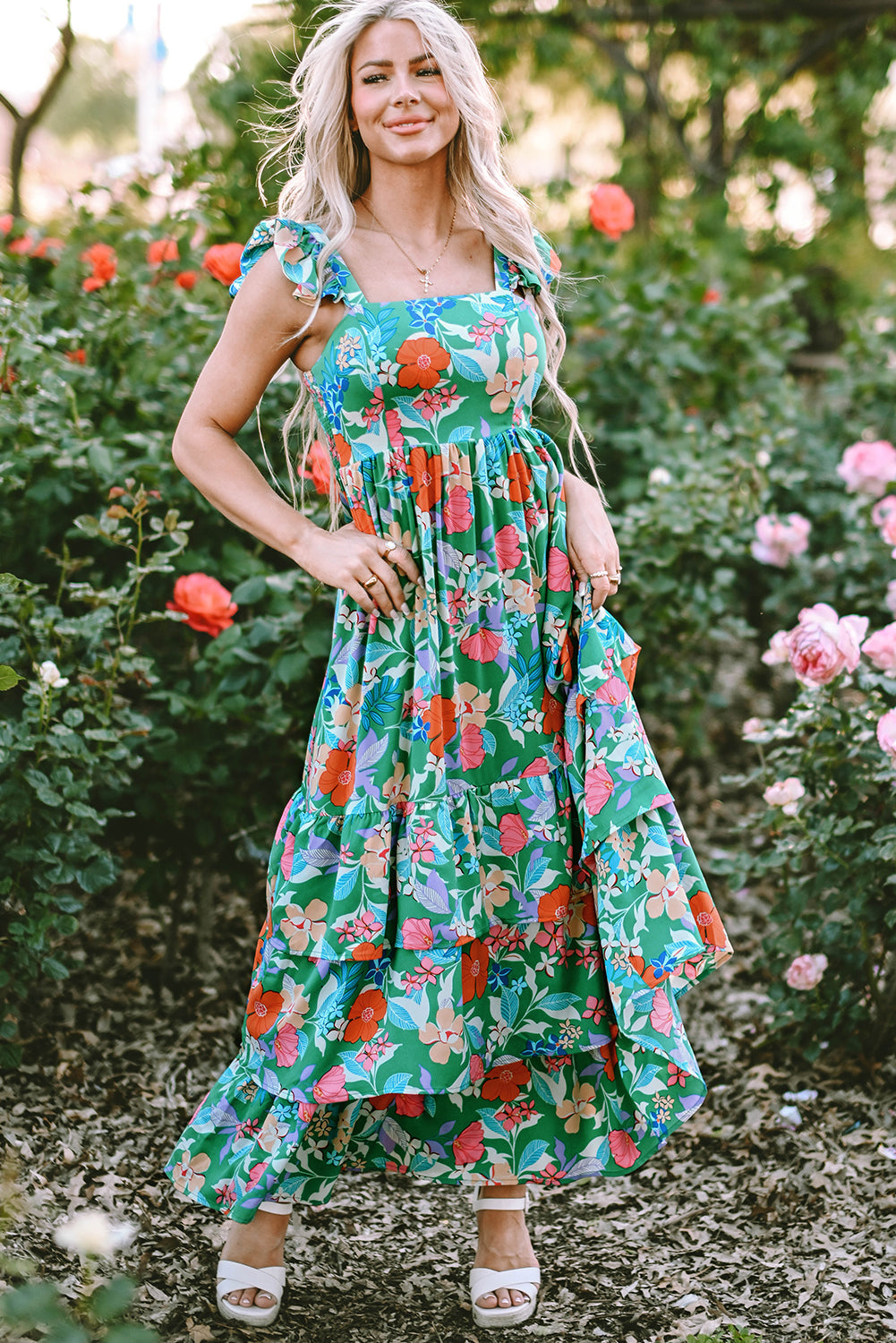 Green Floral Ruffle Tiered Maxi Dress