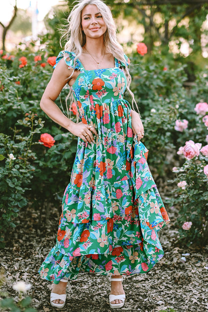 Green Floral Ruffle Tiered Maxi Dress