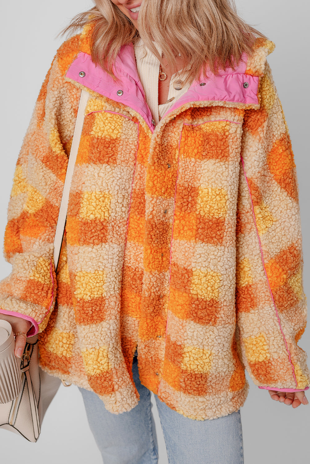 Orange Checkered Sherpa Jacket
