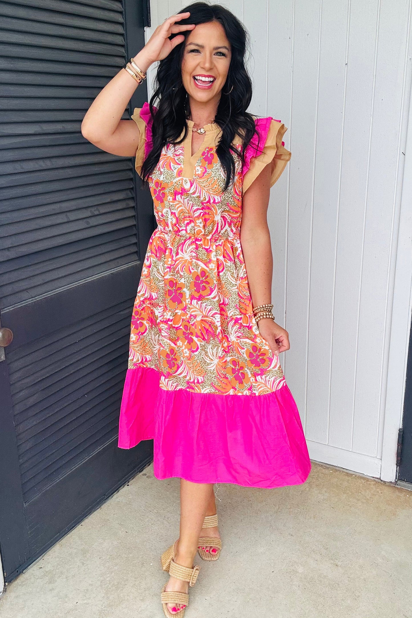 Rose Floral Print Flared Midi Dress