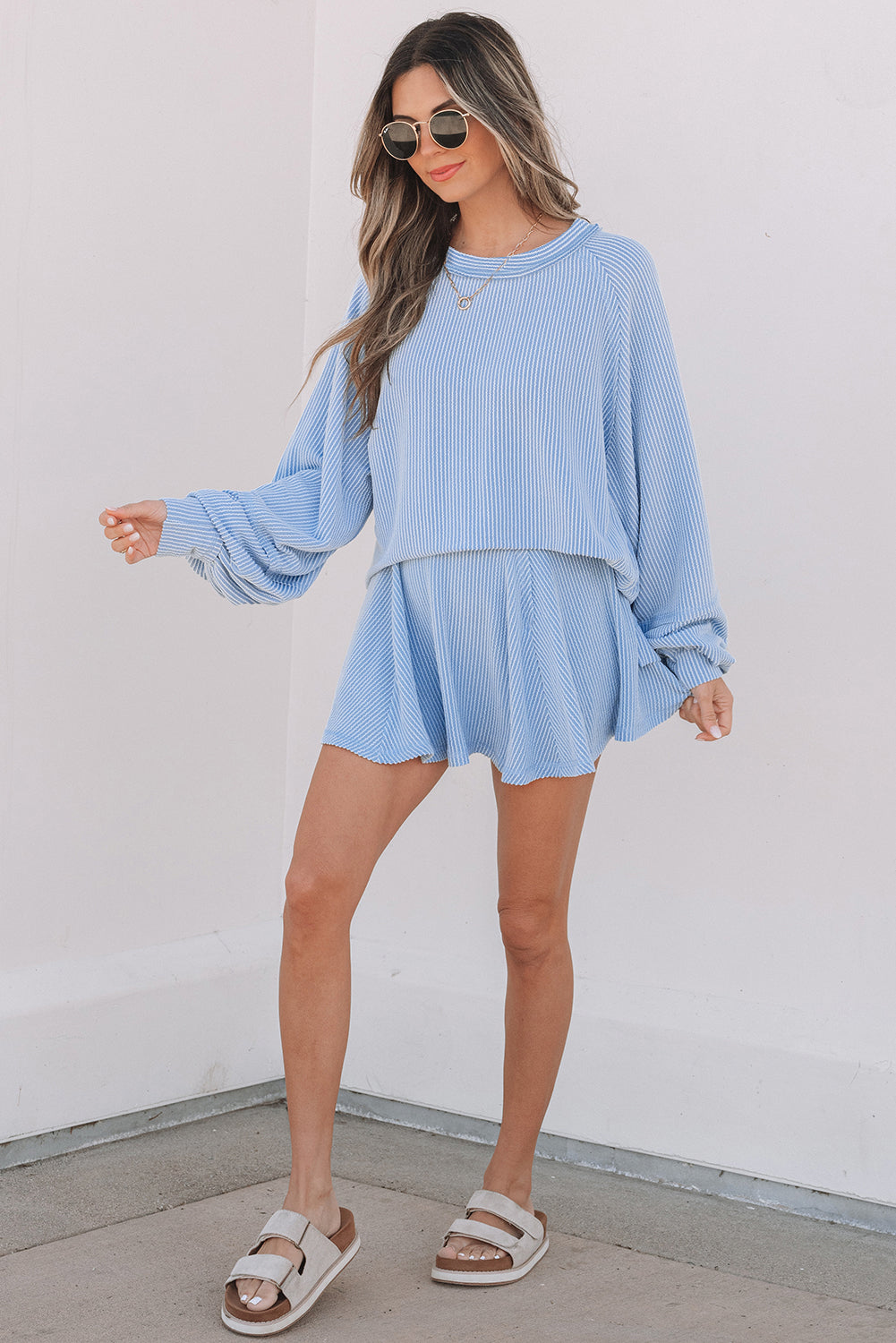 Sky Blue Corded Ruffled Set