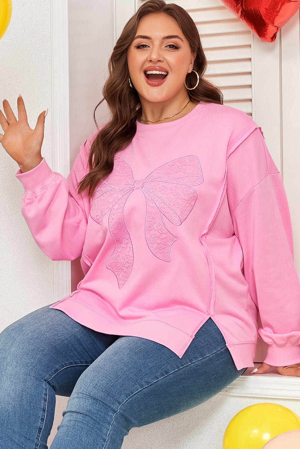 Pink Big Bow Lace Plus Size Sweatshirt