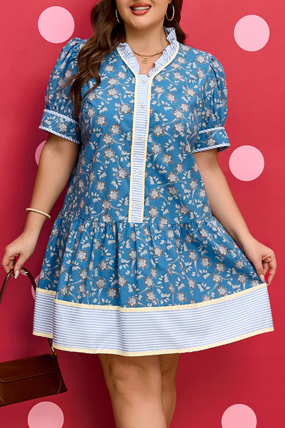 Blue Plus Size Floral Print Dress