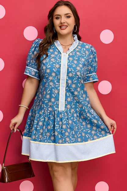 Blue Plus Size Floral Print Dress