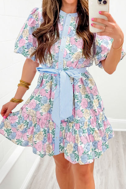 White Floral Print Striped Dress