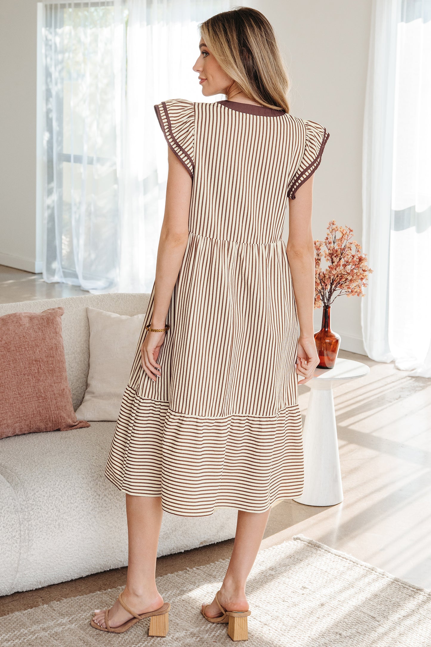 Brown Stripe Double Ruffled Midi Dress