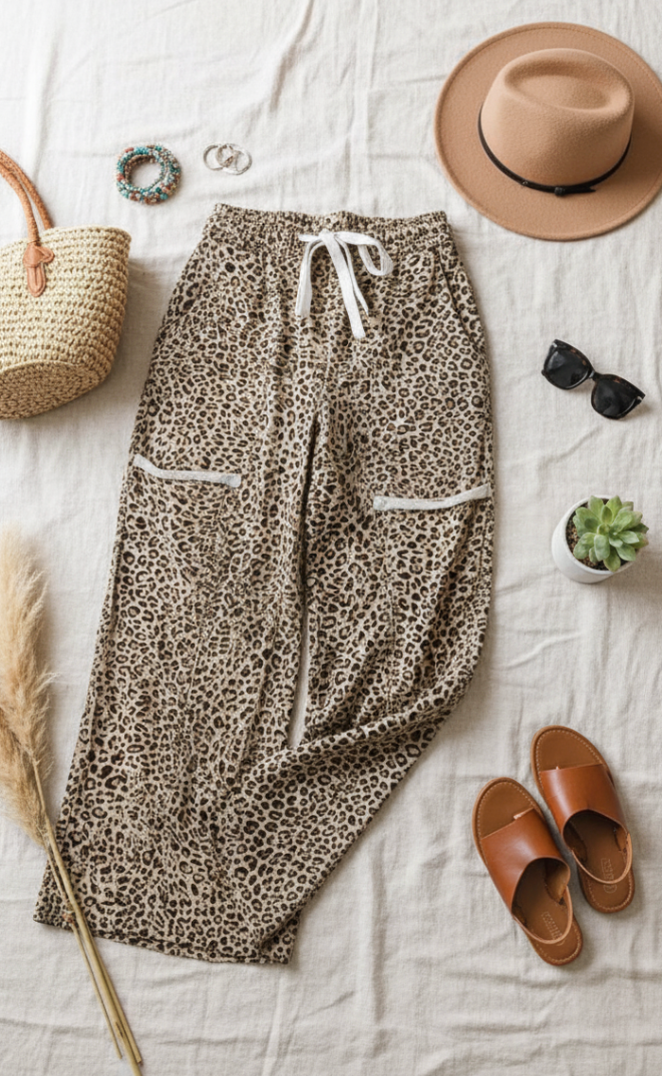 Khaki Animal Print Wide Knit Pants