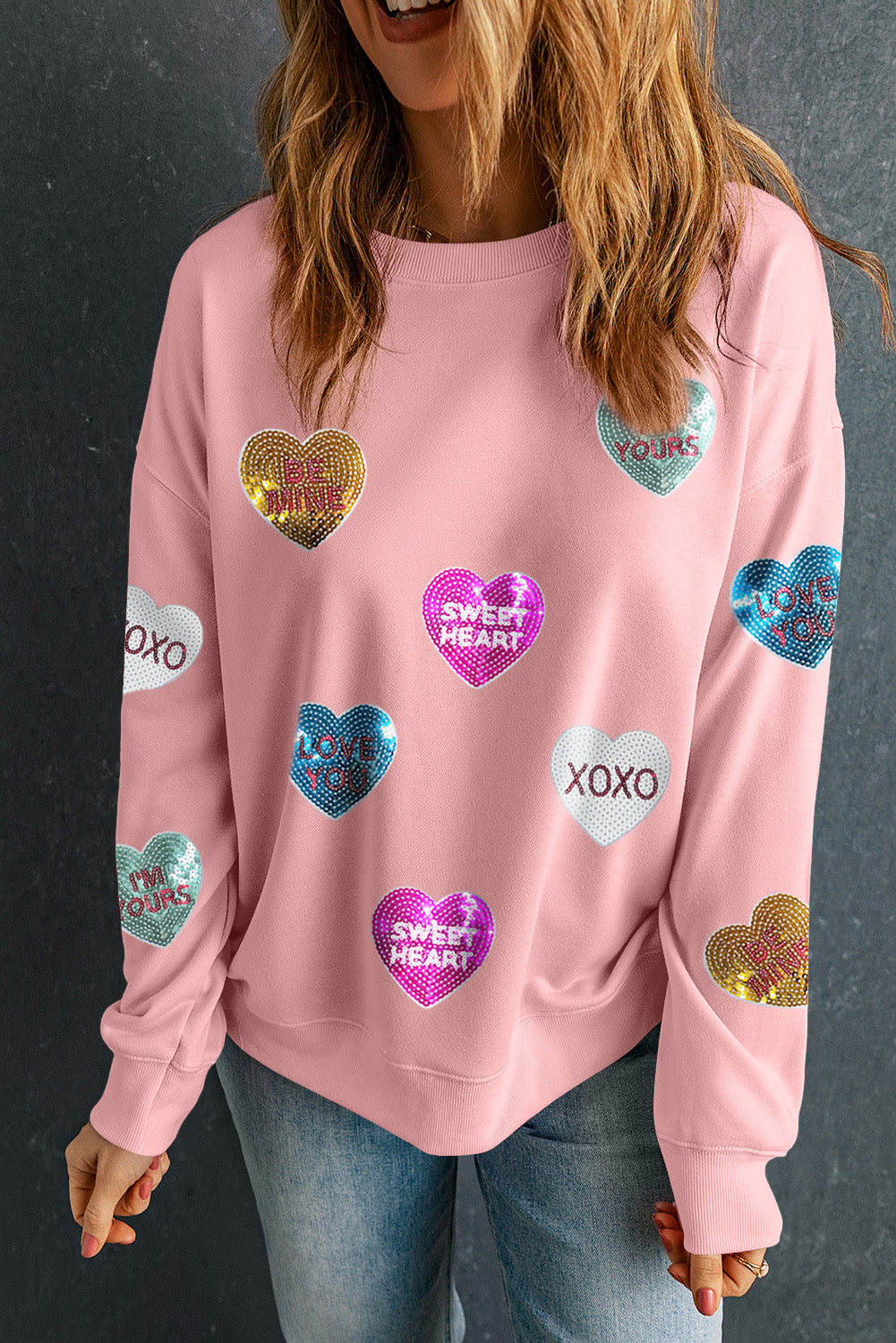 Pink Sequin Letters Heart Sweatshirt