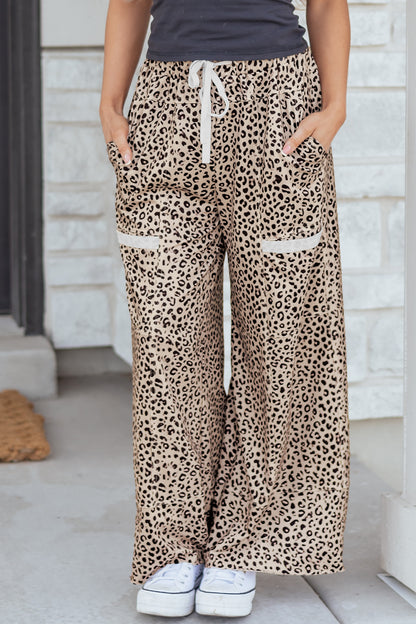 Khaki Animal Print Wide Knit Pants