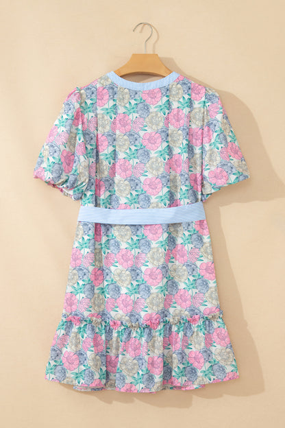 White Floral Print Striped Dress