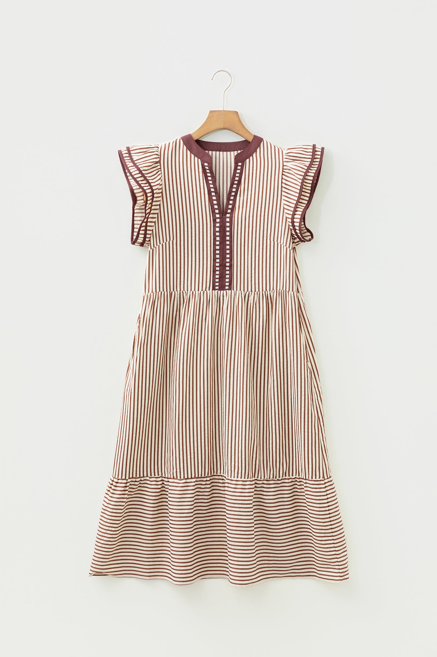 Brown Stripe Double Ruffled Midi Dress