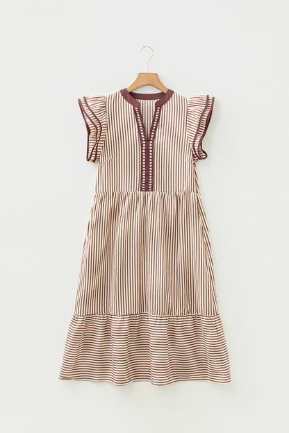 Brown Stripe Double Ruffled Midi Dress