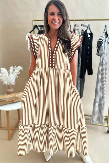 Brown Stripe Double Ruffled Midi Dress