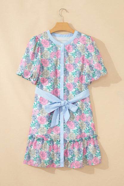 White Floral Print Striped Dress
