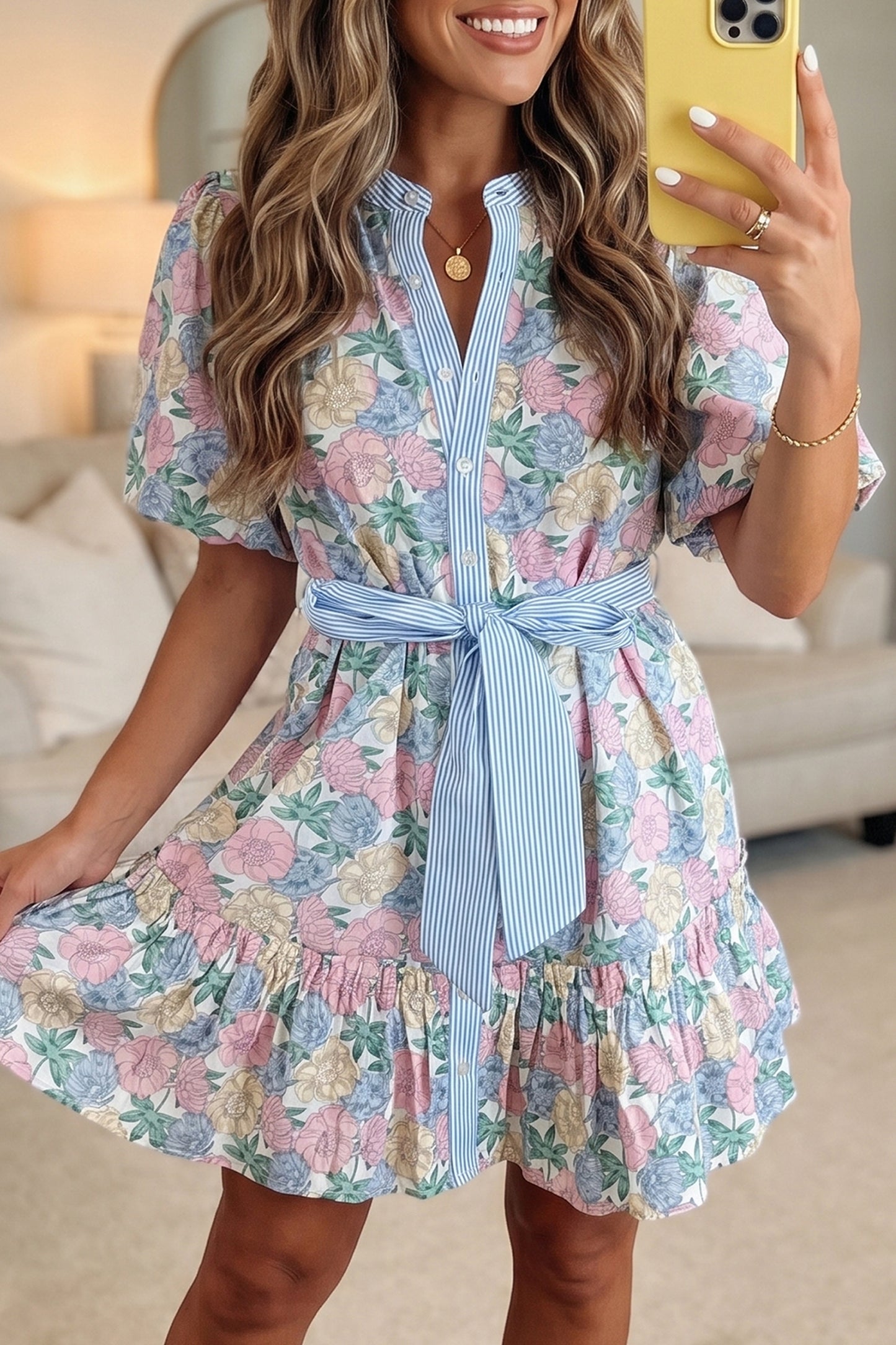 White Floral Print Striped Dress