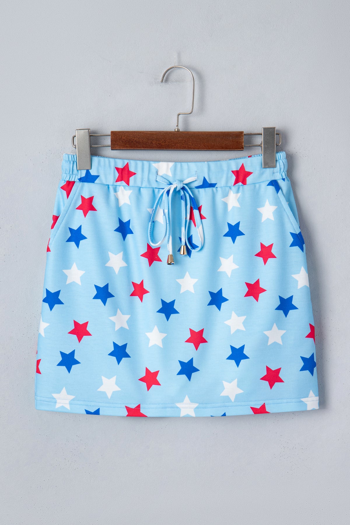 Sky Blue Patriotic Star Printed Beaded Drawstring Mini Skort