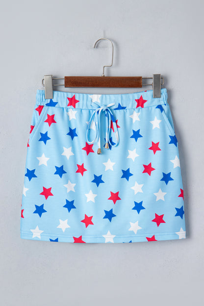 Sky Blue Patriotic Star Printed Beaded Drawstring Mini Skort