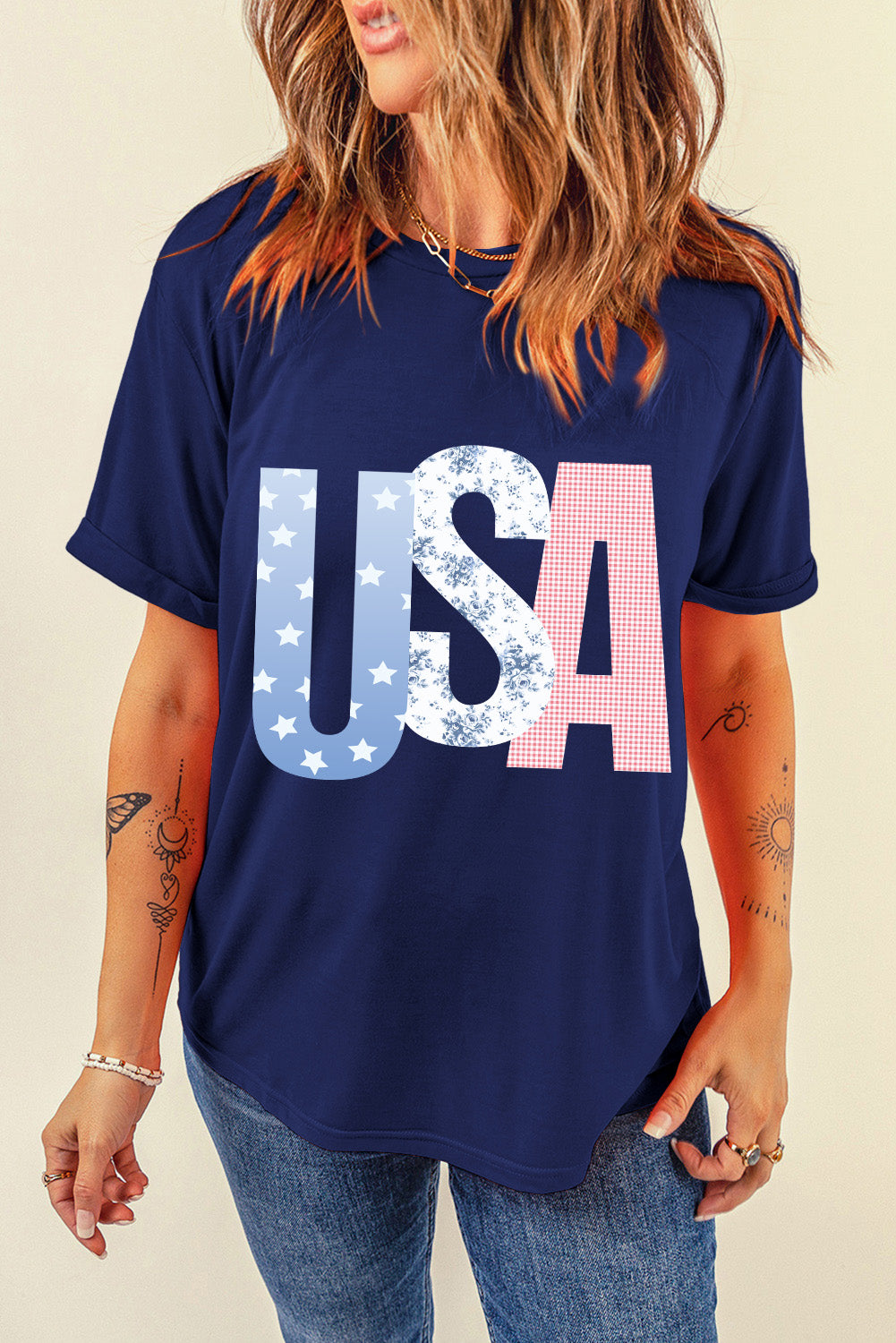 Blue USA Graphic July 4th Crew Neck T Shirt
