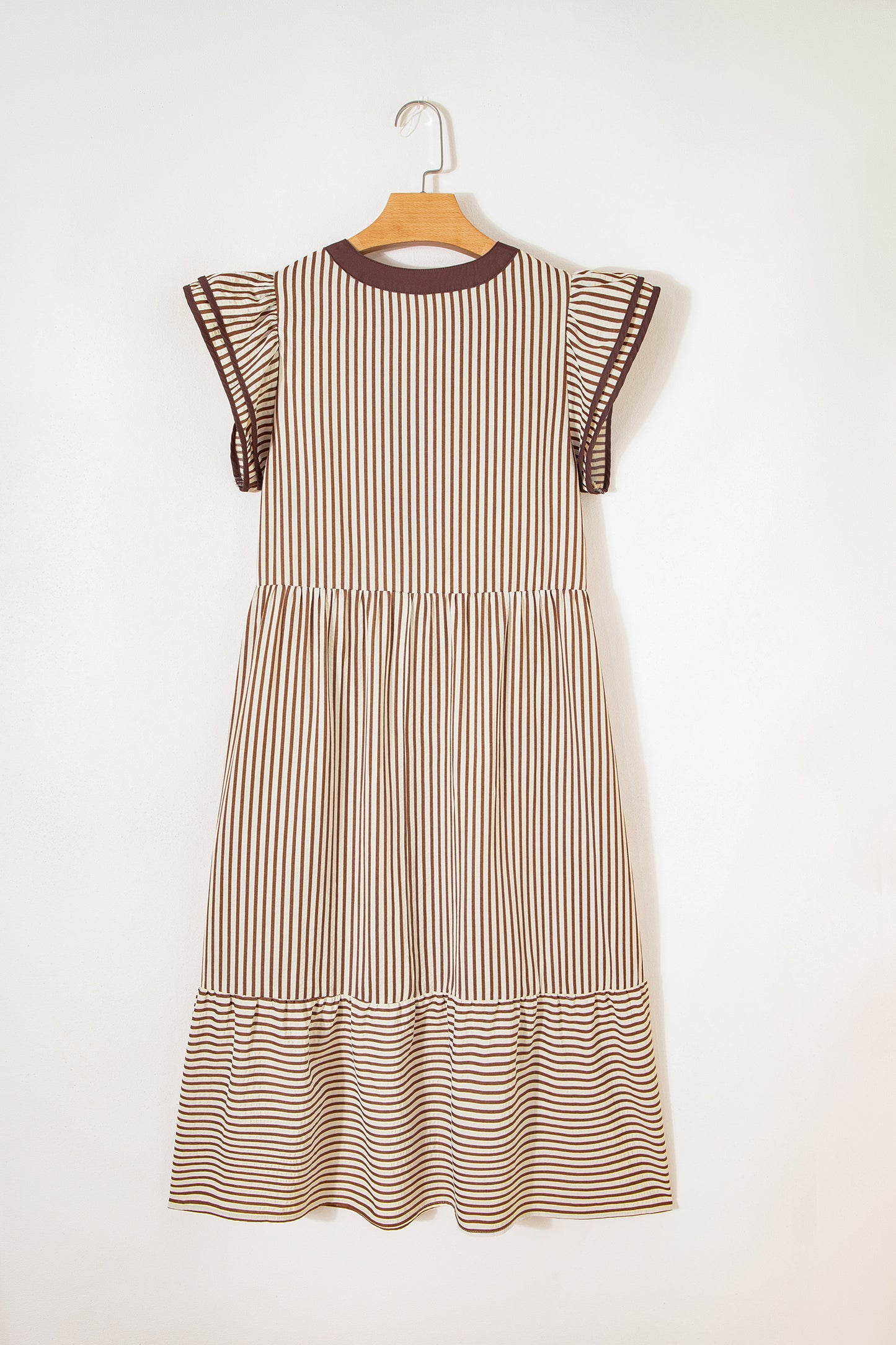 Brown Stripe Double Ruffled Midi Dress