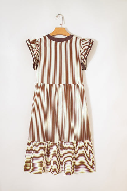 Brown Stripe Double Ruffled Midi Dress