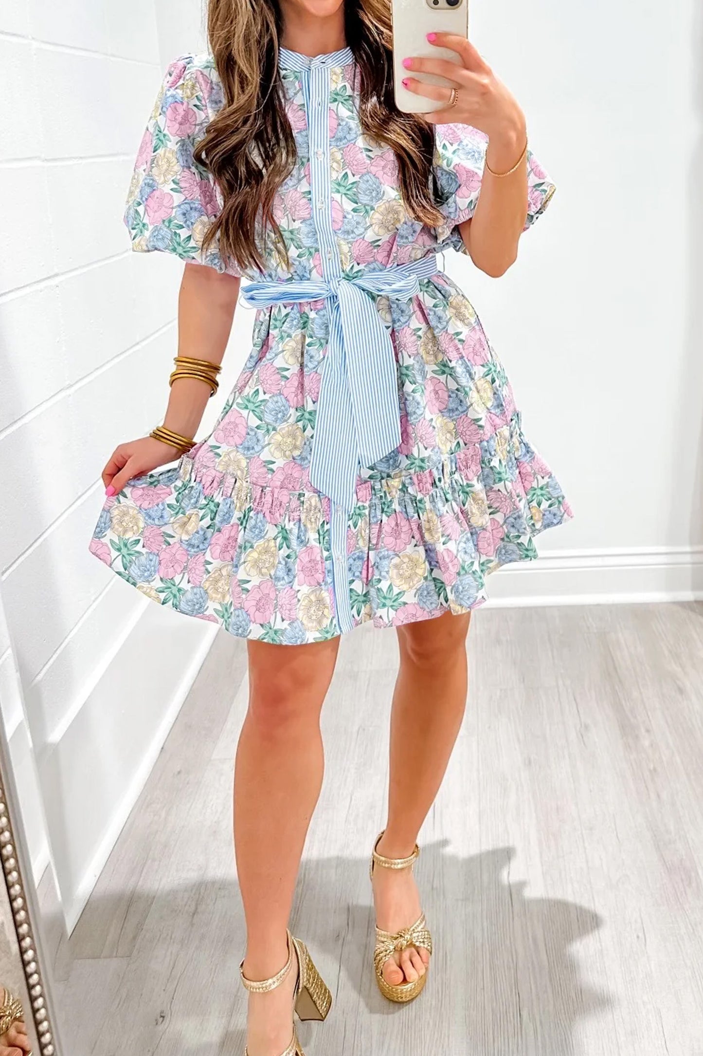 White Floral Print Striped Dress