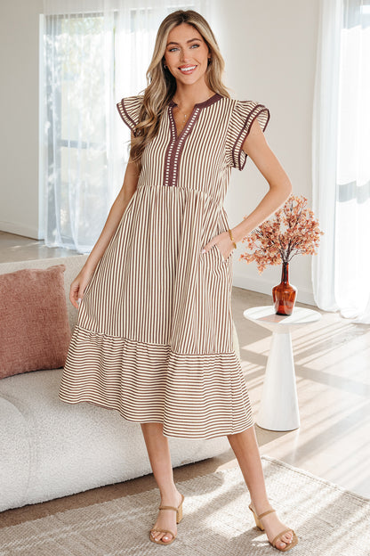 Brown Stripe Double Ruffled Midi Dress