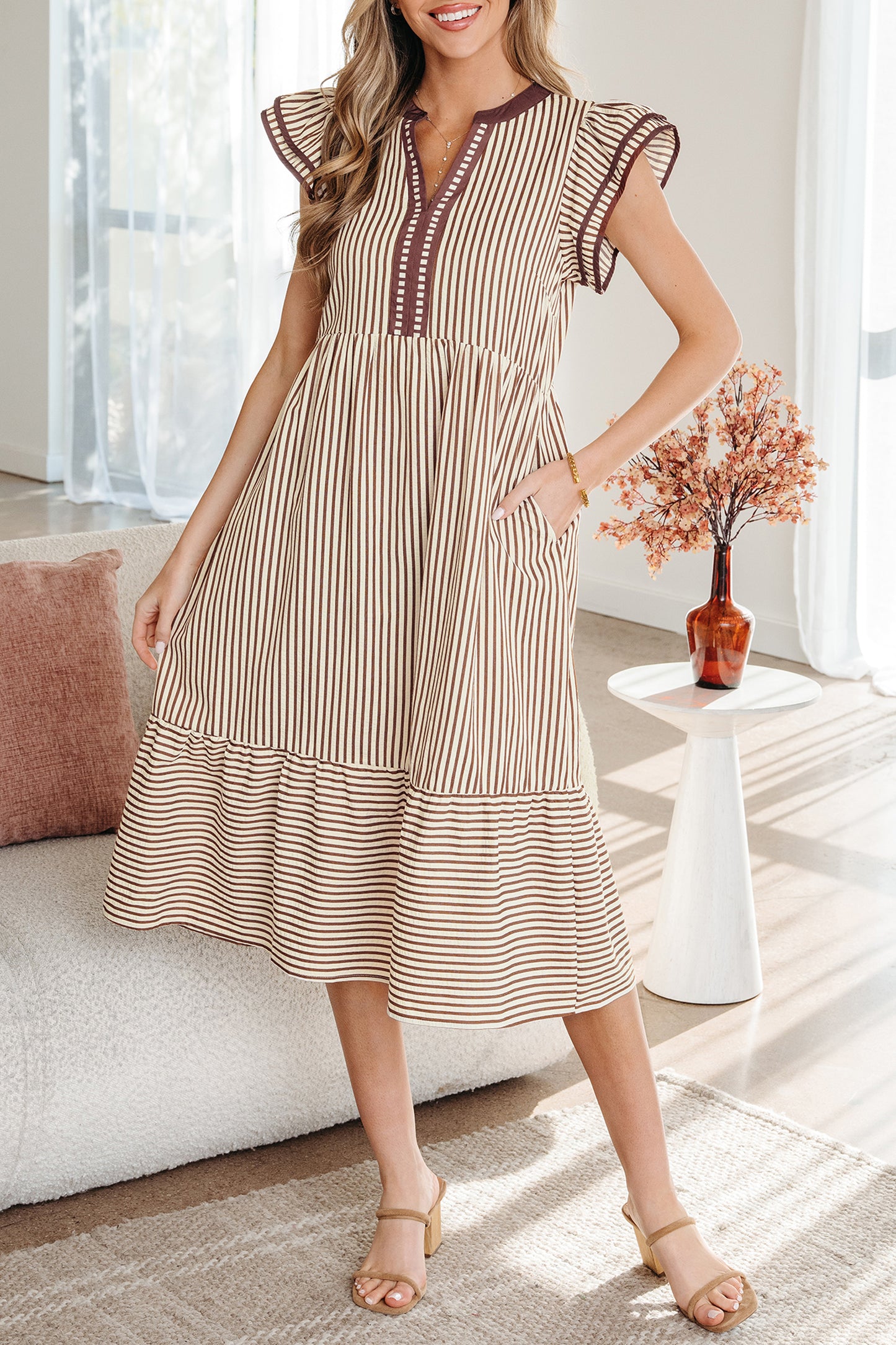 Brown Stripe Double Ruffled Midi Dress