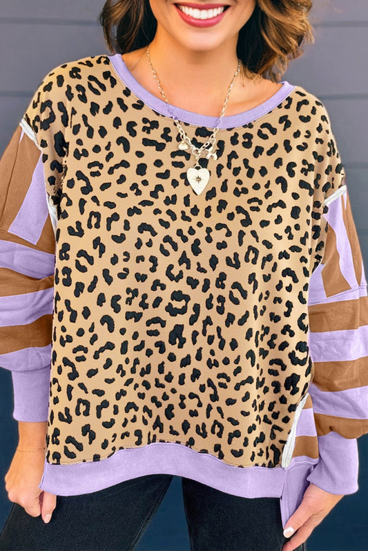 Purple Leopard Striped Plus Size Sweatshirt