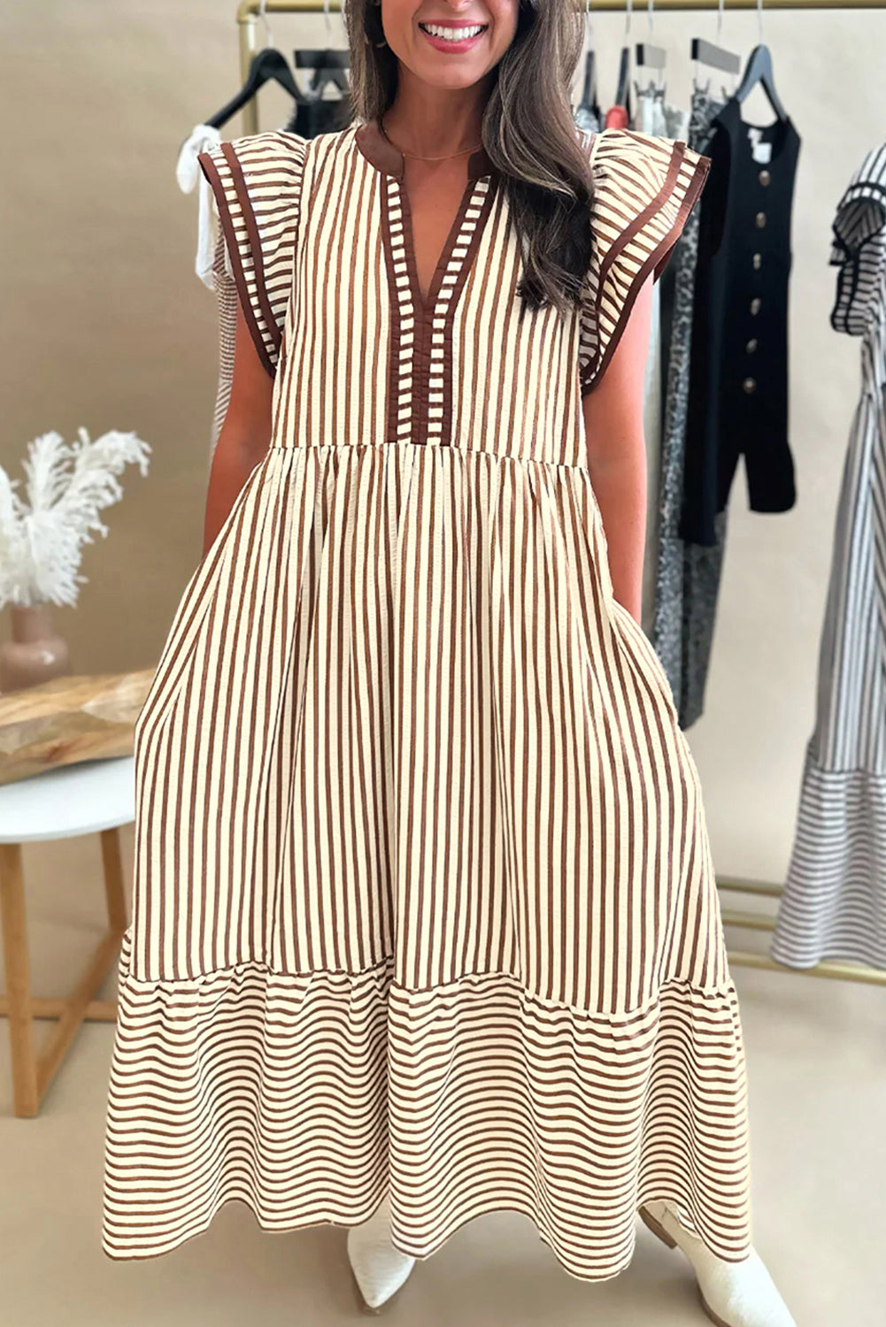 Brown Stripe Double Ruffled Midi Dress