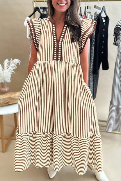 Brown Stripe Double Ruffled Midi Dress
