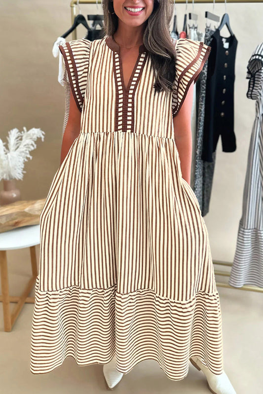 Brown Stripe Double Ruffled Midi Dress