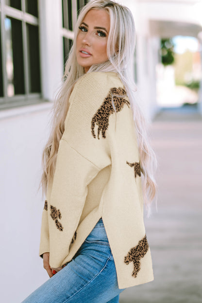 Cheetah Print Split Hem Sweater