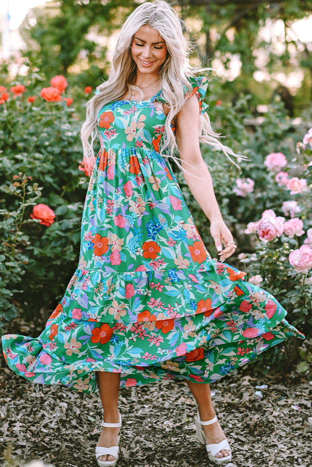 Green Floral Ruffle Tiered Maxi Dress