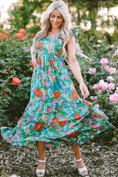 Green Floral Ruffle Tiered Maxi Dress