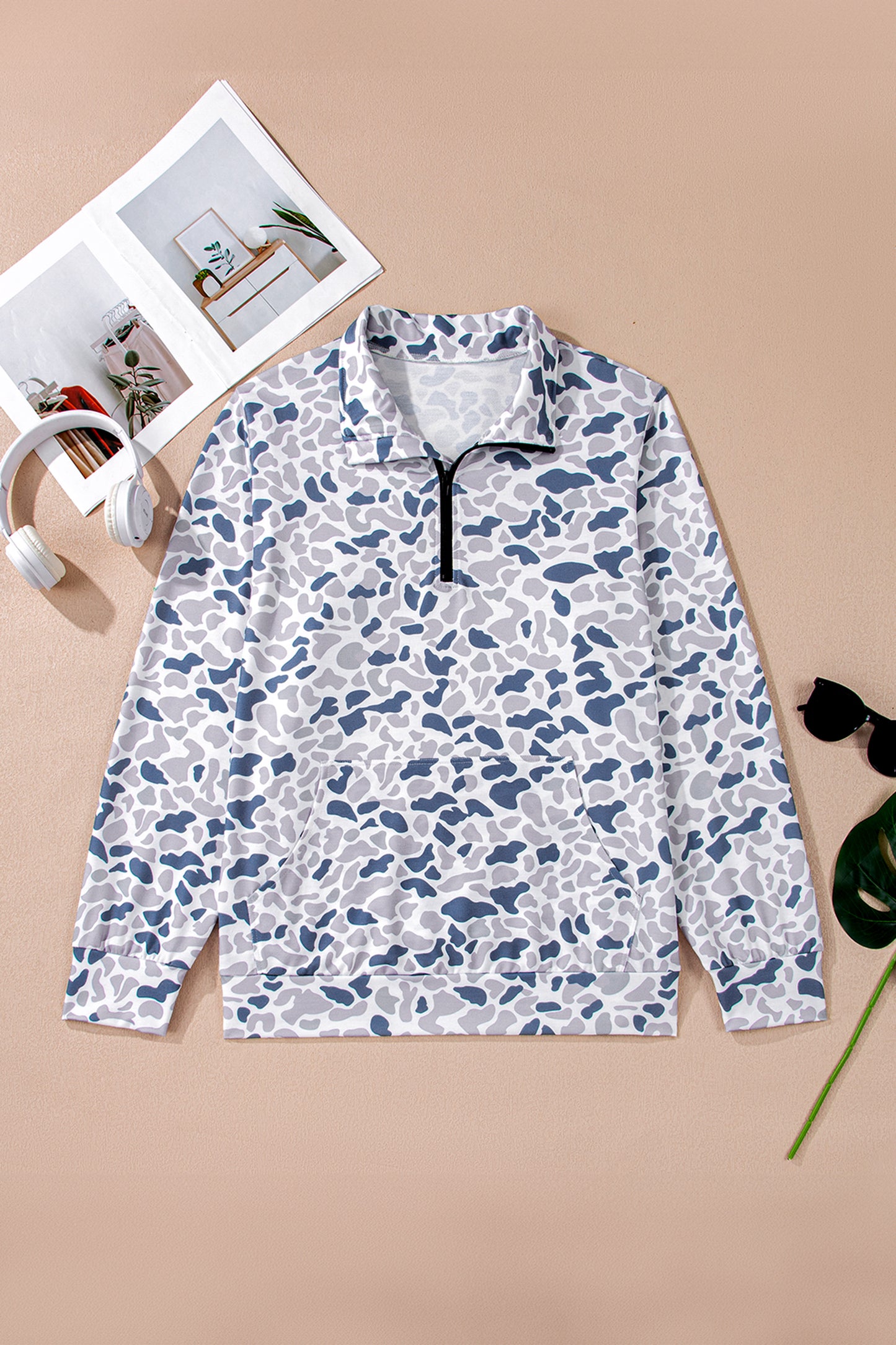 Camouflage Print Quarter Zip Sweatshirt