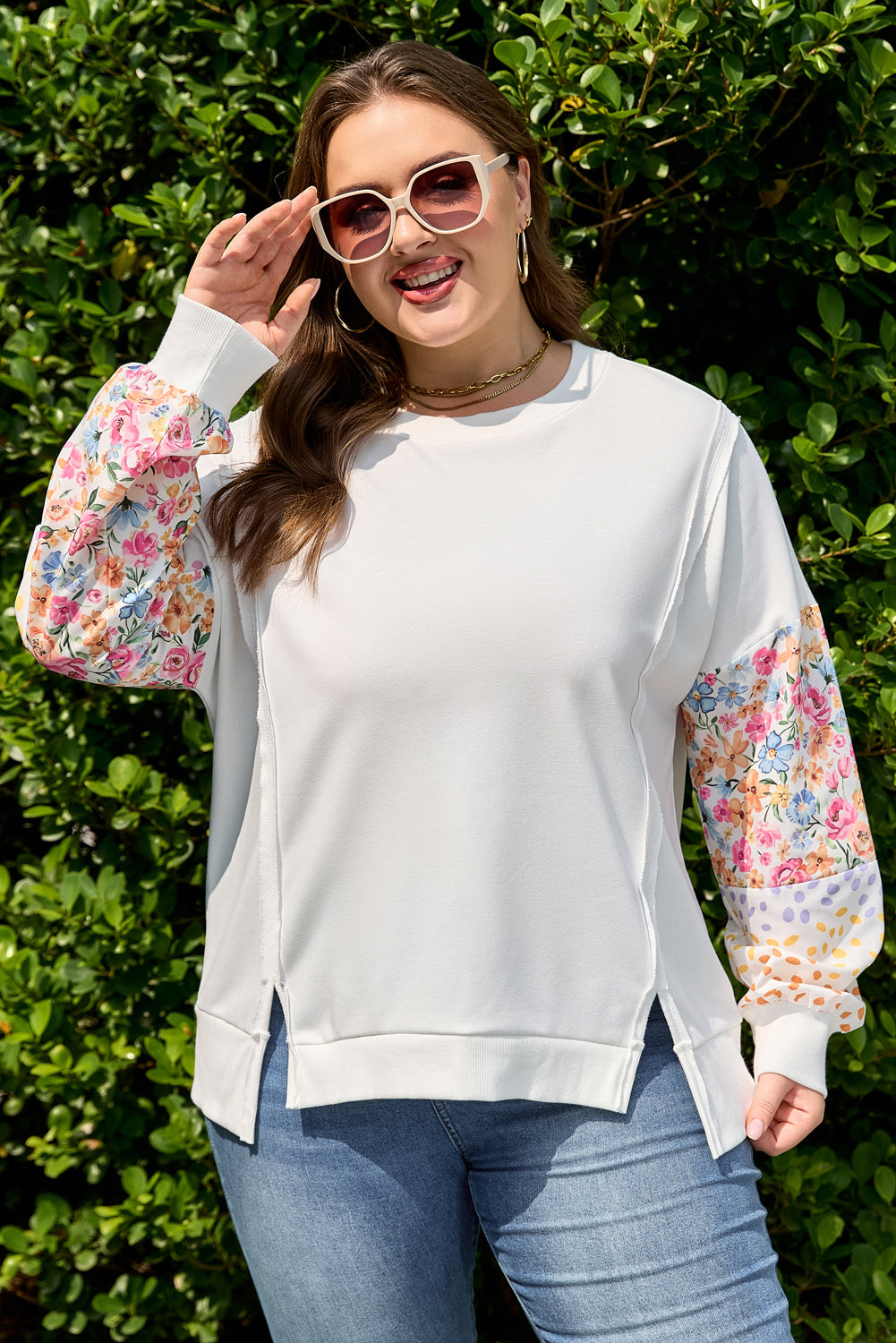 White Plus Size Floral Patchwork Sweatshirt