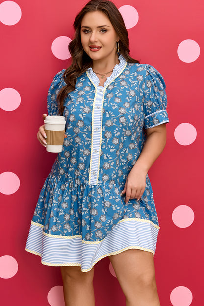 Blue Plus Size Floral Print Dress