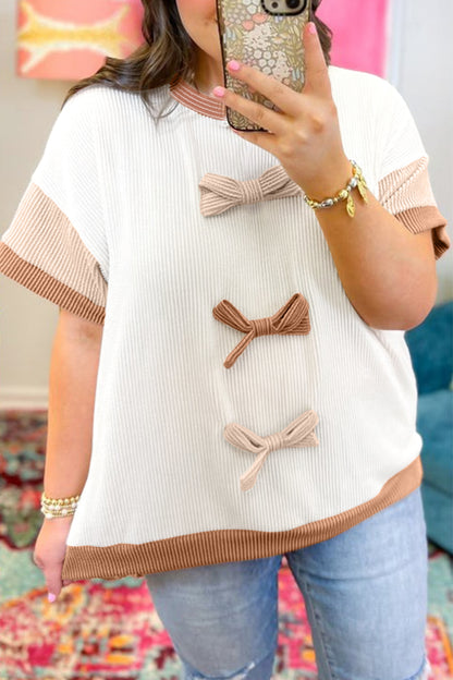 Apricot Bowknot Applique Plus Size Top