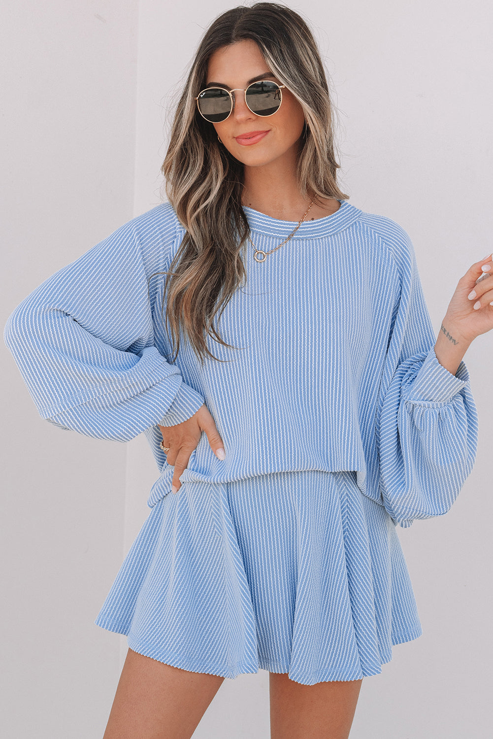 Sky Blue Corded Ruffled Set