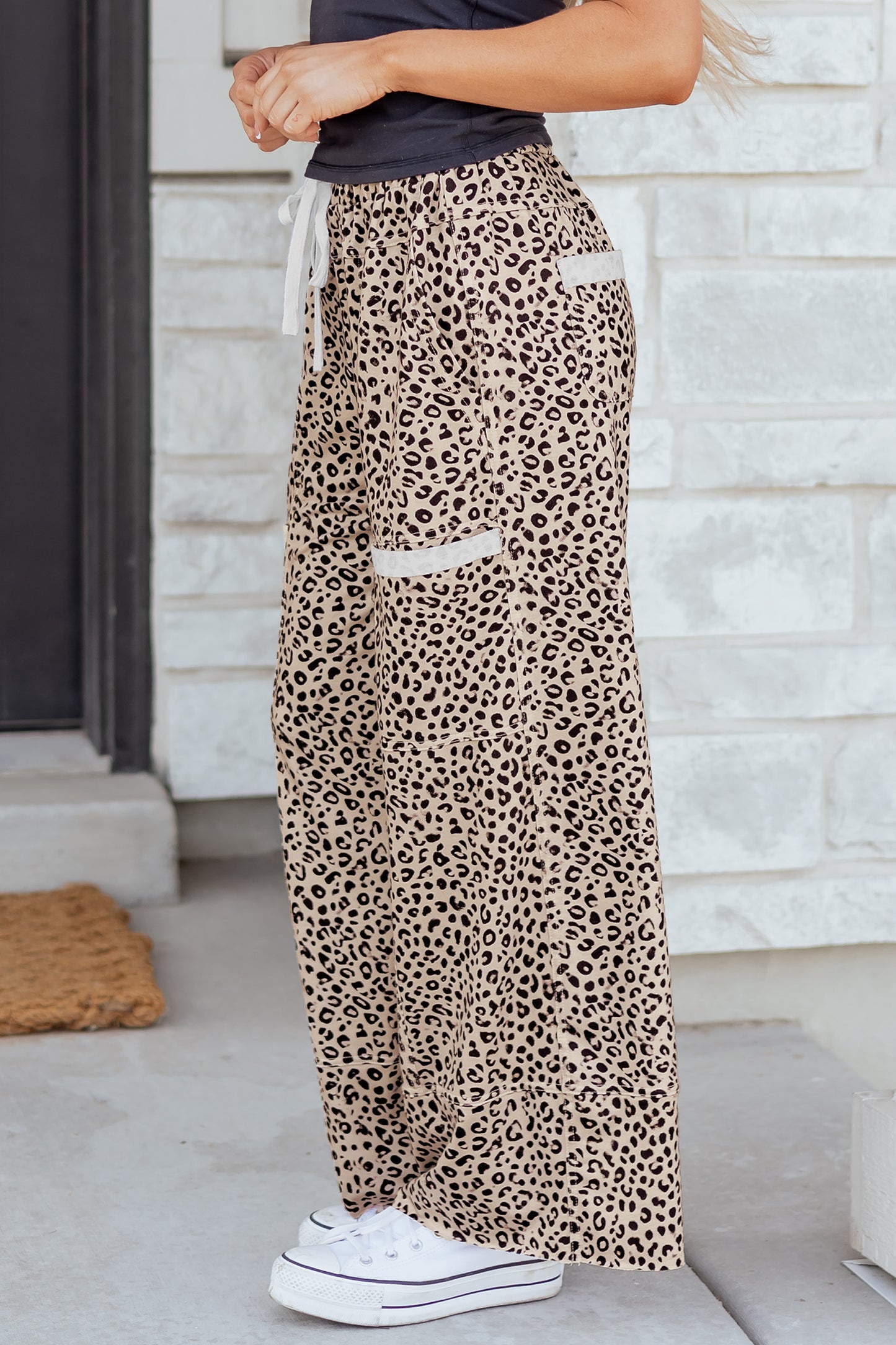 Khaki Animal Print Wide Knit Pants