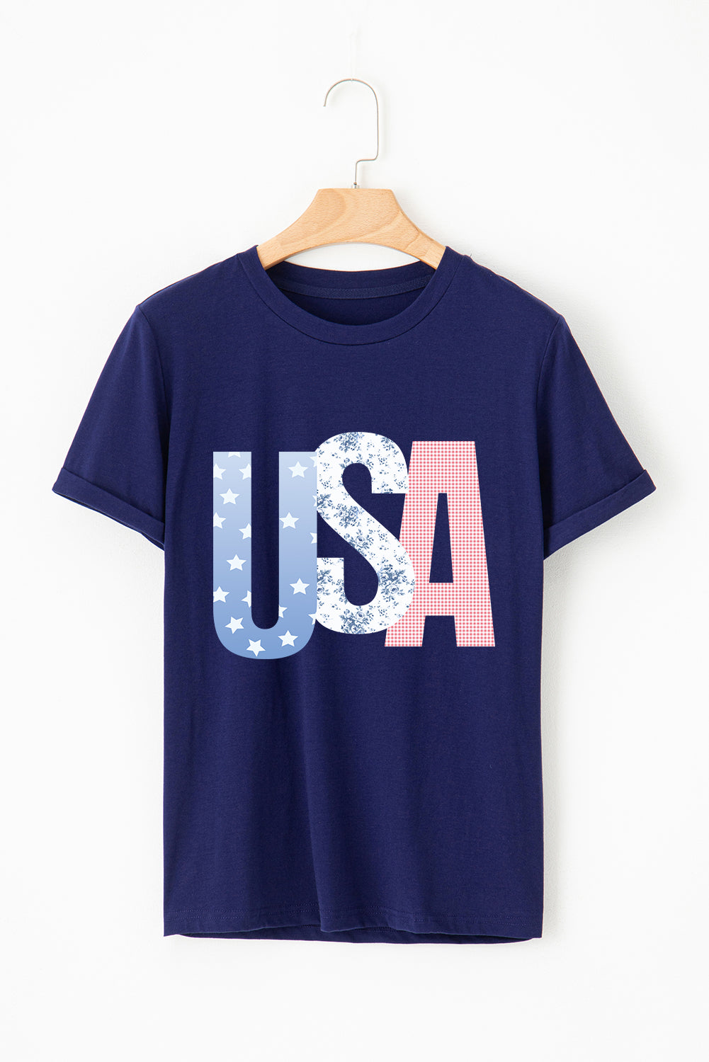 Blue USA Graphic July 4th Crew Neck T Shirt