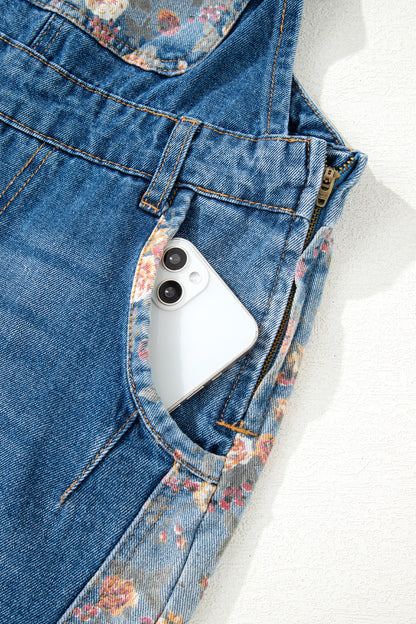 Peacock Blue Floral Patchwork Overalls