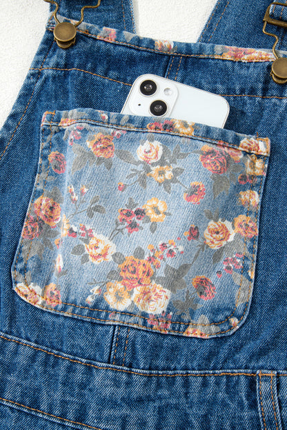 Peacock Blue Floral Patchwork Overalls