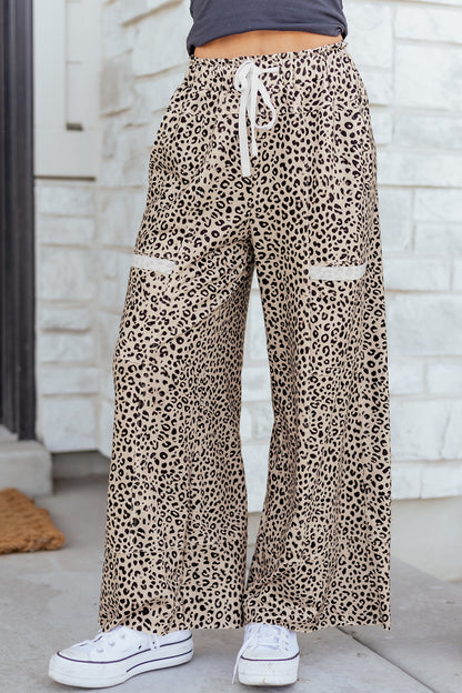 Khaki Animal Print Wide Knit Pants