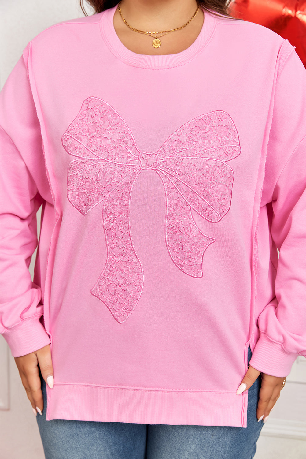 Pink Big Bow Lace Plus Size Sweatshirt